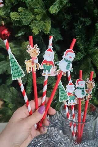 Noel Baba Kardan Adam Süslü Yılbaşı Pipetleri 10lu Paket