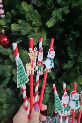 Noel Baba Kardan Adam Süslü Yılbaşı Pipetleri 10lu Paket