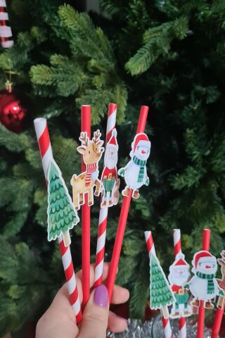 Noel Baba Kardan Adam Süslü Yılbaşı Pipetleri 10lu Paket