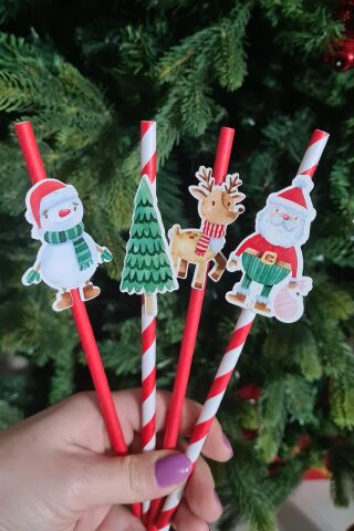 Noel Baba Kardan Adam Süslü Yılbaşı Pipetleri 10lu Paket