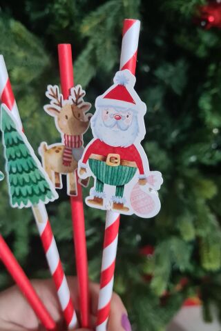 Noel Baba Kardan Adam Süslü Yılbaşı Pipetleri 10lu Paket