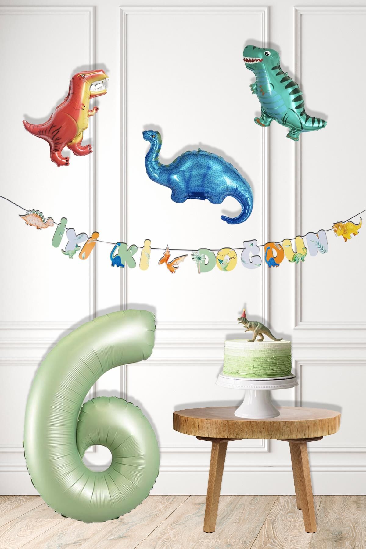 Dinazor Tema Doğum Günü Balon Süsleme Seti Bannerlı Yaş Balonlu Dinozor Balon Zincir Paketi 6