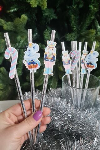 Pembe Yılbaşı Kurşun Asker Baston Şeker Süslü Pipetler 10lu Pipet Paketi