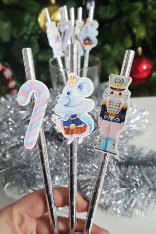 Pembe Yılbaşı Kurşun Asker Baston Şeker Süslü Pipetler 10lu Pipet Paketi