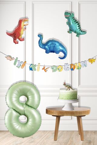 Dinazor Tema Doğum Günü Balon Süsleme Seti Bannerlı Yaş Balonlu Dinozor Balon Zincir Paketi 8