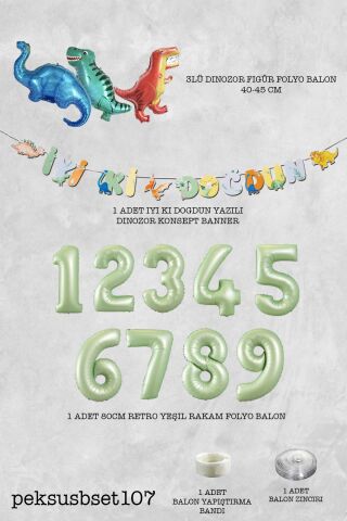 Dinazor Tema Doğum Günü Balon Süsleme Seti Bannerlı Yaş Balonlu Dinozor Balon Zincir Paketi 8