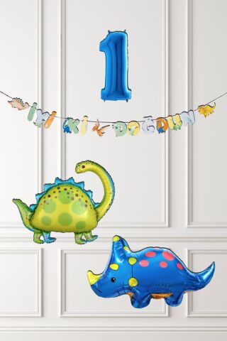 Dinazor Tema Doğum Günü Balon Süsleme Seti Bannerlı Mavi Yaş Balonlu Dinozor Balon Paketi