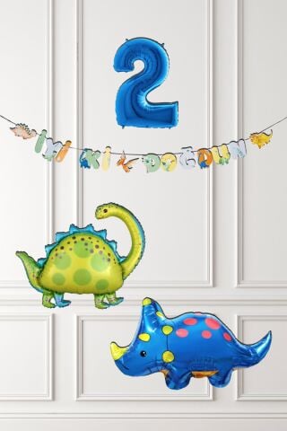 Dinazor Tema Doğum Günü Balon Süsleme Seti Bannerlı Mavi Yaş Balonlu Dinozor Balon Paketi