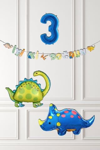 Dinazor Tema Doğum Günü Balon Süsleme Seti Bannerlı Mavi Yaş Balonlu Dinozor Balon Paketi