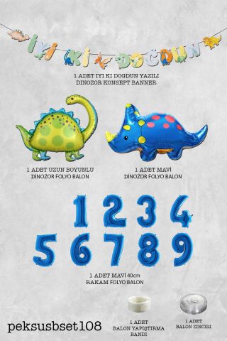 Dinazor Tema Doğum Günü Balon Süsleme Seti Bannerlı Mavi Yaş Balonlu Dinozor Balon Paketi 4
