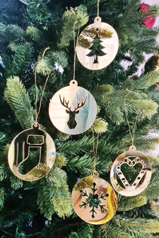 Gold Çift Taraflı Yılbaşı Ağaç Süsleri 5'li Özel Kesim Yeni Yıl Süsleri