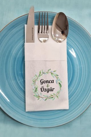 Kumaş Dokulu Cepli Yapraklı Konsept İsme Özel Baskılı Peçete