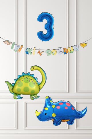 Dinazor Tema Doğum Günü Balon Süsleme Seti Bannerlı Mavi Yaş Balonlu Dinozor Balon Paketi 3