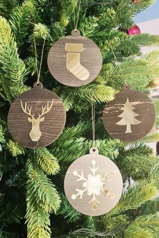 Ahşap Gold Aynalı Lüks Yılbaşı Ağaç Süsleri Gold Süslemeler 4lü Yeni Yıl Süslemeleri