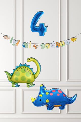 Dinazor Tema Doğum Günü Balon Süsleme Seti Bannerlı Mavi Yaş Balonlu Dinozor Balon Paketi 4