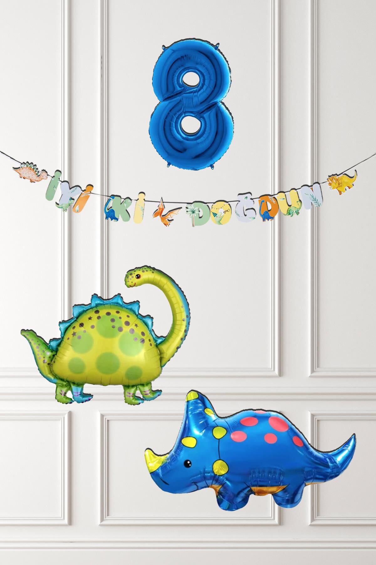 Dinazor Tema Doğum Günü Balon Süsleme Seti Bannerlı Mavi Yaş Balonlu Dinozor Balon Paketi 8