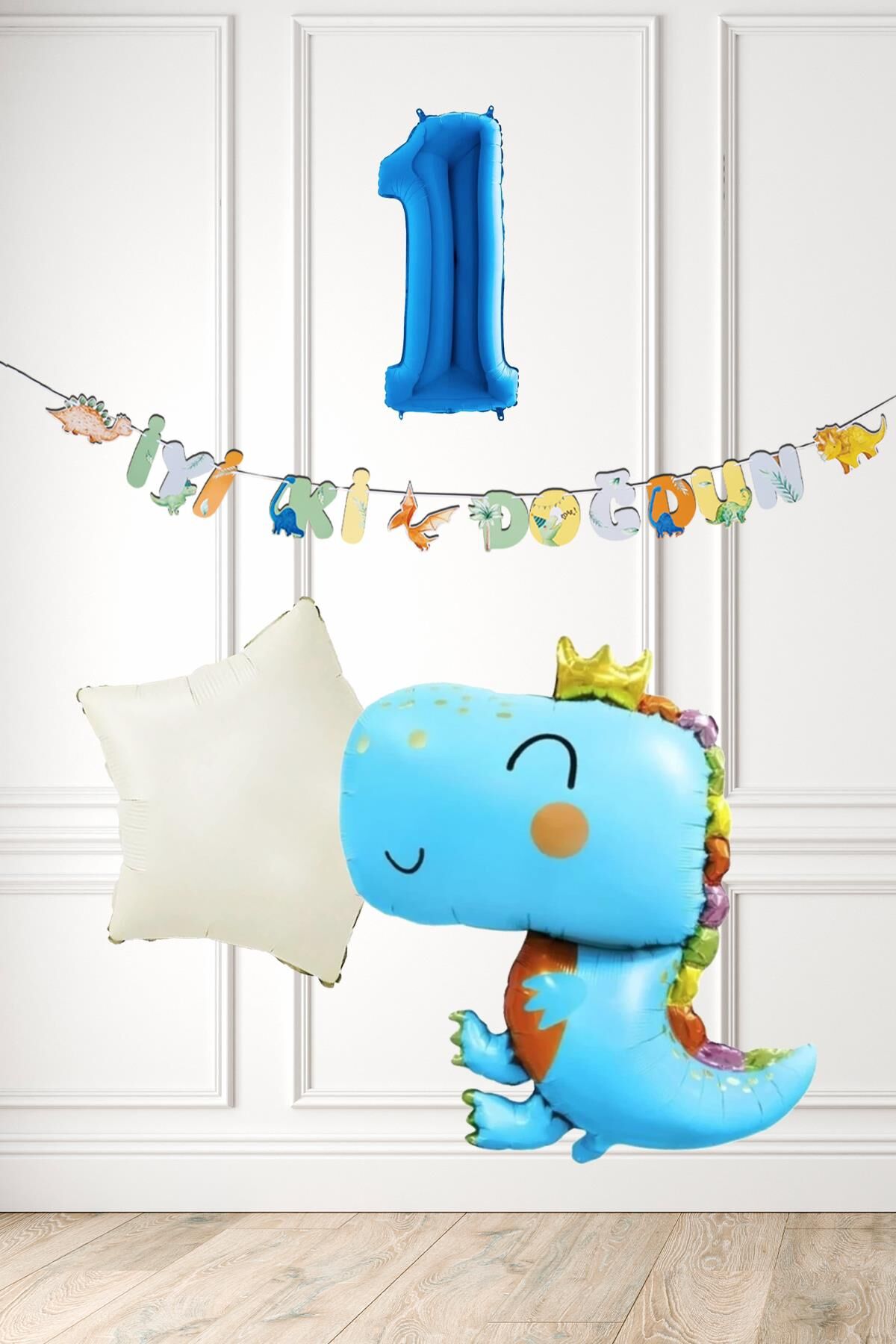 Mavi Dinazor Tema Doğum Günü Balon Süsleme Seti Bannerlı Mavi Yaş Balonlu Dinozor Balon Paketi