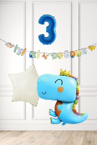 Mavi Dinazor Tema Doğum Günü Balon Süsleme Seti Bannerlı Mavi Yaş Balonlu Dinozor Balon Paketi