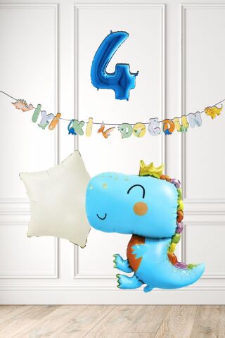 Mavi Dinazor Tema Doğum Günü Balon Süsleme Seti Bannerlı Mavi Yaş Balonlu Dinozor Balon Paketi