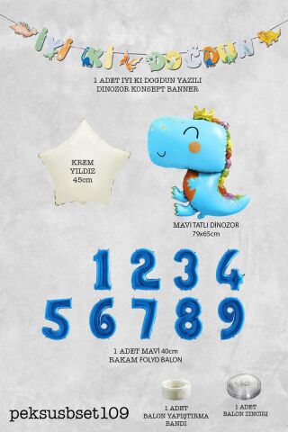 Mavi Dinazor Tema Doğum Günü Balon Süsleme Seti Bannerlı Mavi Yaş Balonlu Dinozor Balon Paketi 8
