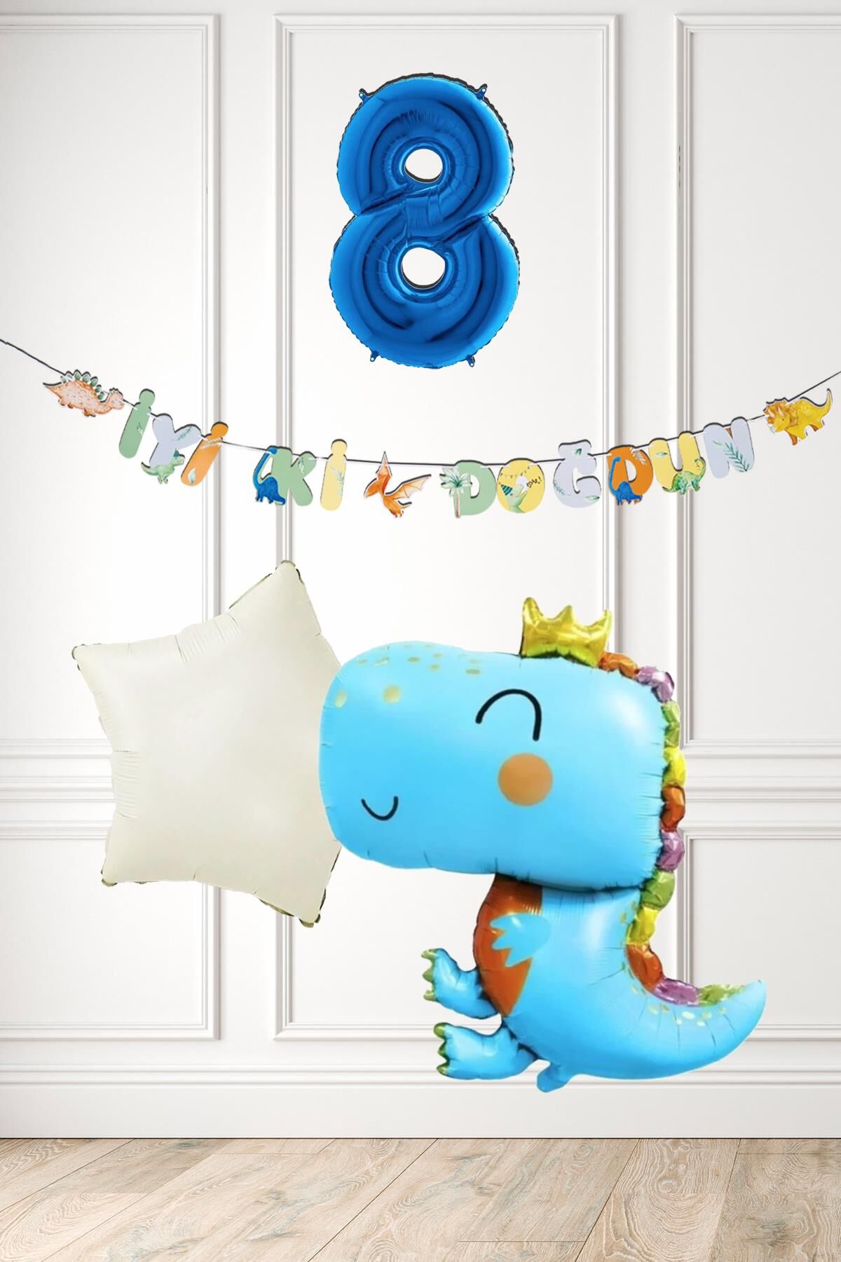 Mavi Dinazor Tema Doğum Günü Balon Süsleme Seti Bannerlı Mavi Yaş Balonlu Dinozor Balon Paketi 8