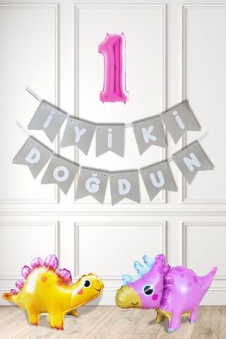 Pembe Dinazor Tema Kız Doğum Günü Balon Süsleme Seti Bannerlı Pembe Yaş Balonlu Dinozor Balon Paketi