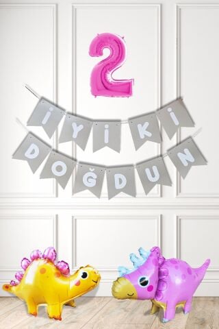 Pembe Dinazor Tema Kız Doğum Günü Balon Süsleme Seti Bannerlı Pembe Yaş Balonlu Dinozor Balon Paketi