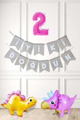 Pembe Dinazor Tema Kız Doğum Günü Balon Süsleme Seti Bannerlı Pembe Yaş Balonlu Dinozor Balon Paketi 2