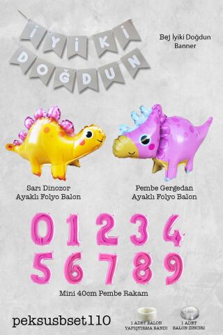 Pembe Dinazor Tema Kız Doğum Günü Balon Süsleme Seti Bannerlı Pembe Yaş Balonlu Dinozor Balon Paketi