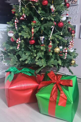 Hediye Paketi Şeklinde Folyo Balon Büyük Boy, Kurdeleli Balonlar 2li Kırmızı Gold