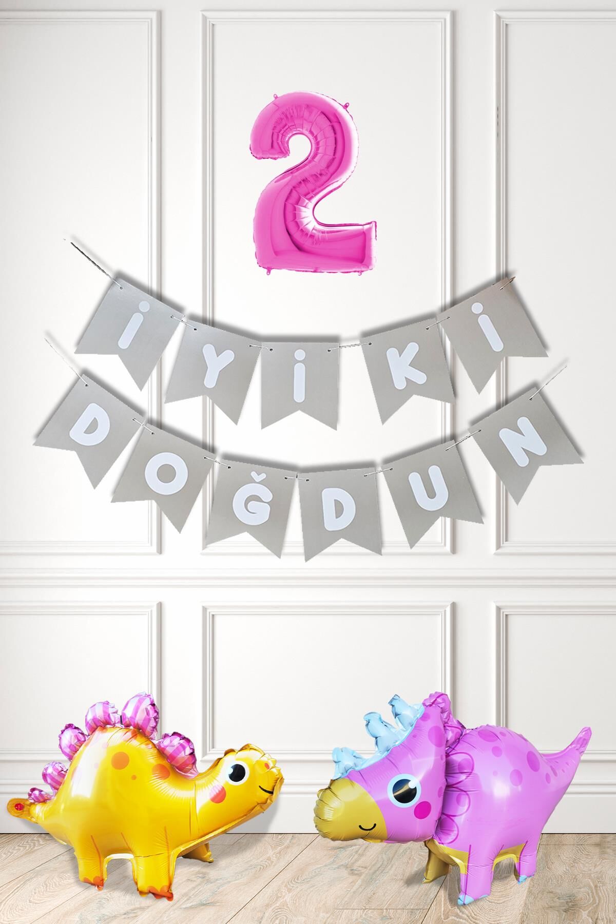 Pembe Dinazor Tema Kız Doğum Günü Balon Süsleme Seti Bannerlı Pembe Yaş Balonlu Dinozor Balon Paketi 2