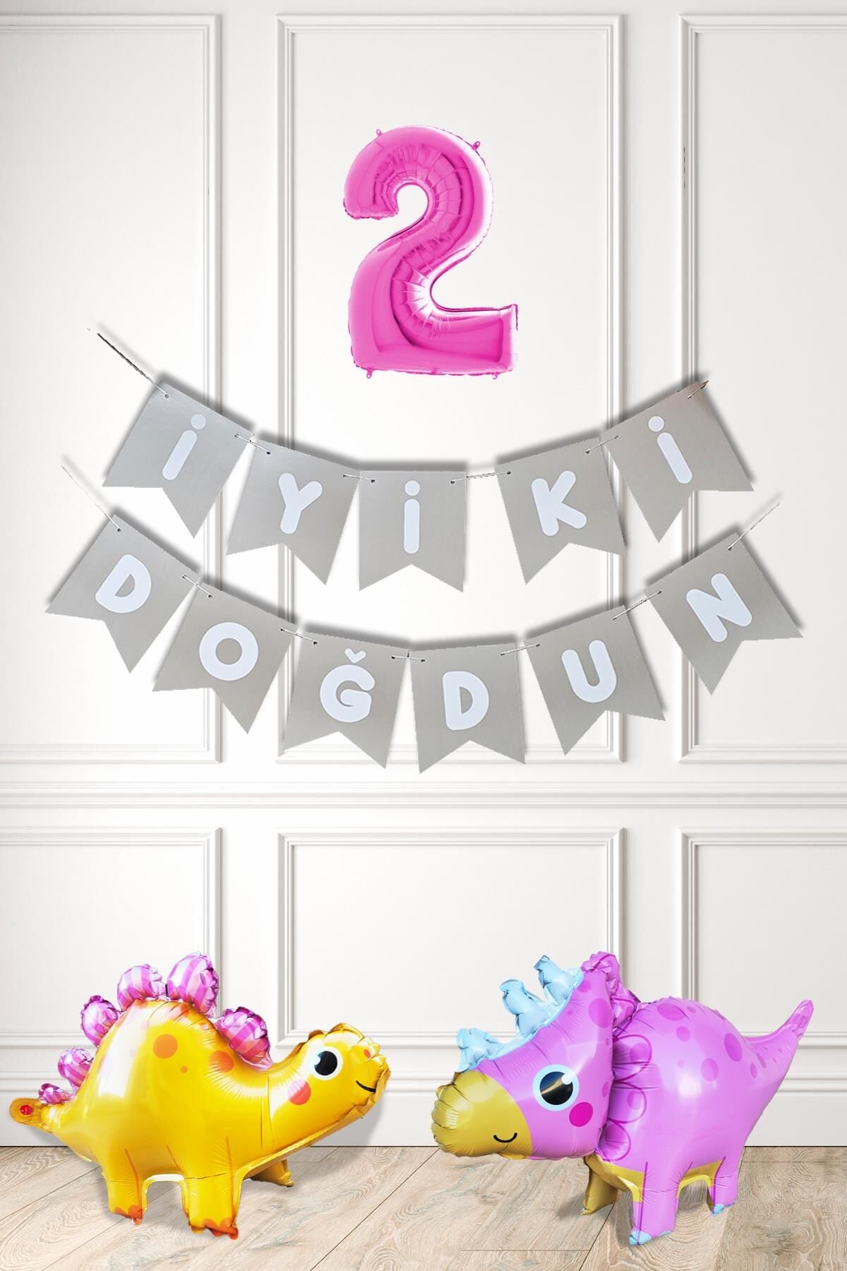 Pembe Dinazor Tema Kız Doğum Günü Balon Süsleme Seti Bannerlı Pembe Yaş Balonlu Dinozor Balon Paketi 2