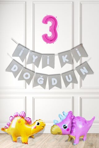 Pembe Dinazor Tema Kız Doğum Günü Balon Süsleme Seti Bannerlı Pembe Yaş Balonlu Dinozor Balon Paketi 3