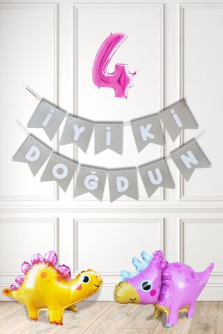Pembe Dinazor Tema Kız Doğum Günü Balon Süsleme Seti Bannerlı Pembe Yaş Balonlu Dinozor Balon Paketi 4