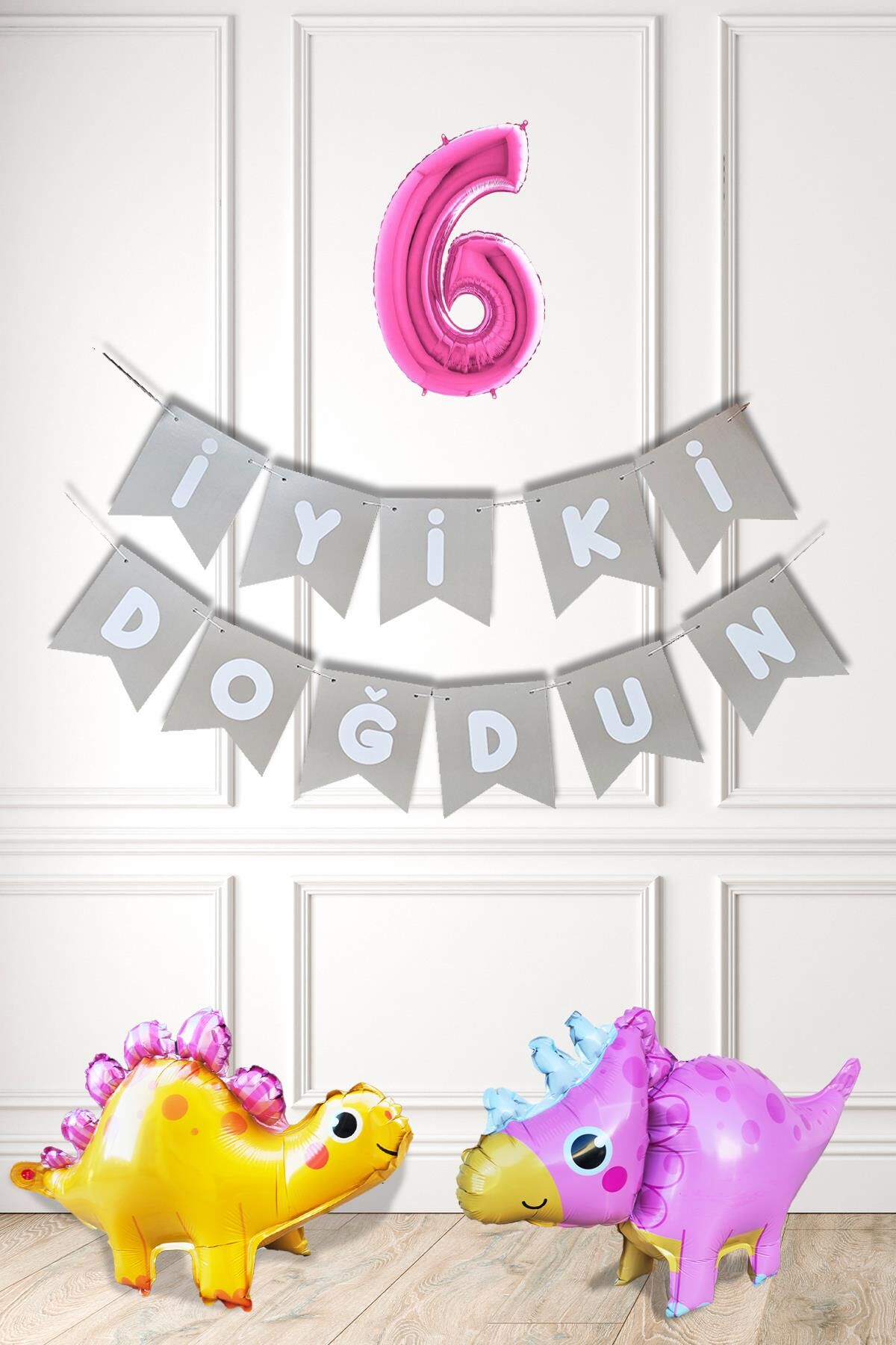Pembe Dinazor Tema Kız Doğum Günü Balon Süsleme Seti Bannerlı Pembe Yaş Balonlu Dinozor Balon Paketi 6