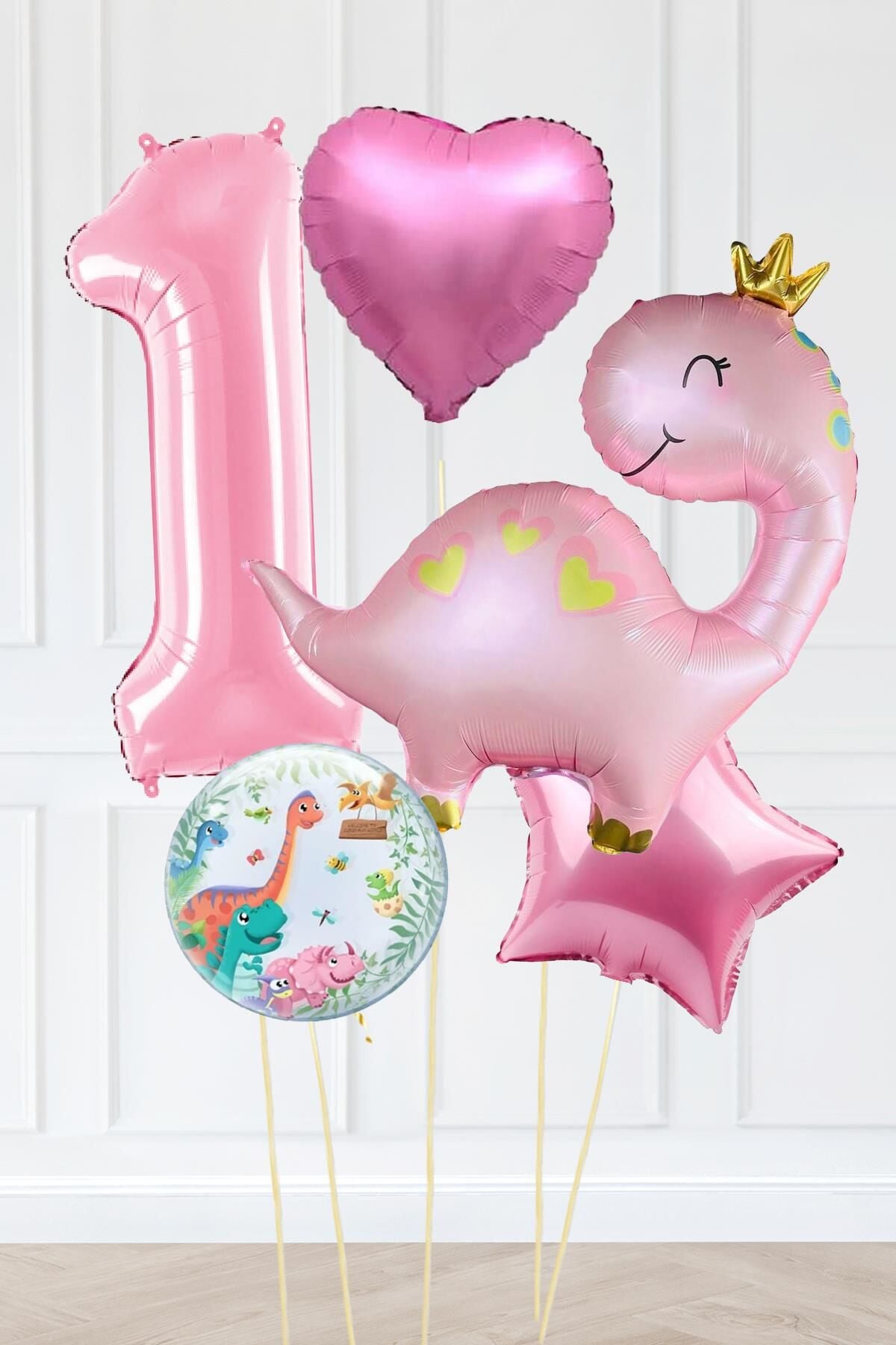 Pembe Dinazor Balonlu Kız Doğum Günü Balon Süsleme Seti Bannerlı Büyük Pembe Yaş Balonlu Dinozor Balon Paketi