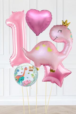 Pembe Dinazor Balonlu Kız Doğum Günü Balon Süsleme Seti Bannerlı Büyük Pembe Yaş Balonlu Dinozor Balon Paketi