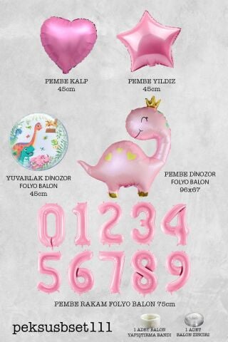 Pembe Dinazor Balonlu Kız Doğum Günü Balon Süsleme Seti Bannerlı Büyük Pembe Yaş Balonlu Dinozor Balon Paketi