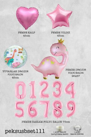 Pembe Dinazor Balonlu Kız Doğum Günü Balon Süsleme Seti Bannerlı Büyük Pembe Yaş Balonlu Dinozor Balon Paketi 1