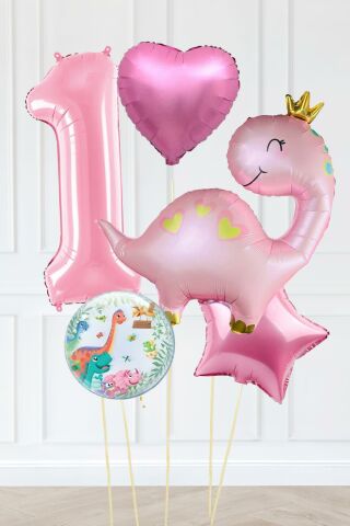 Pembe Dinazor Balonlu Kız Doğum Günü Balon Süsleme Seti Bannerlı Büyük Pembe Yaş Balonlu Dinozor Balon Paketi 1