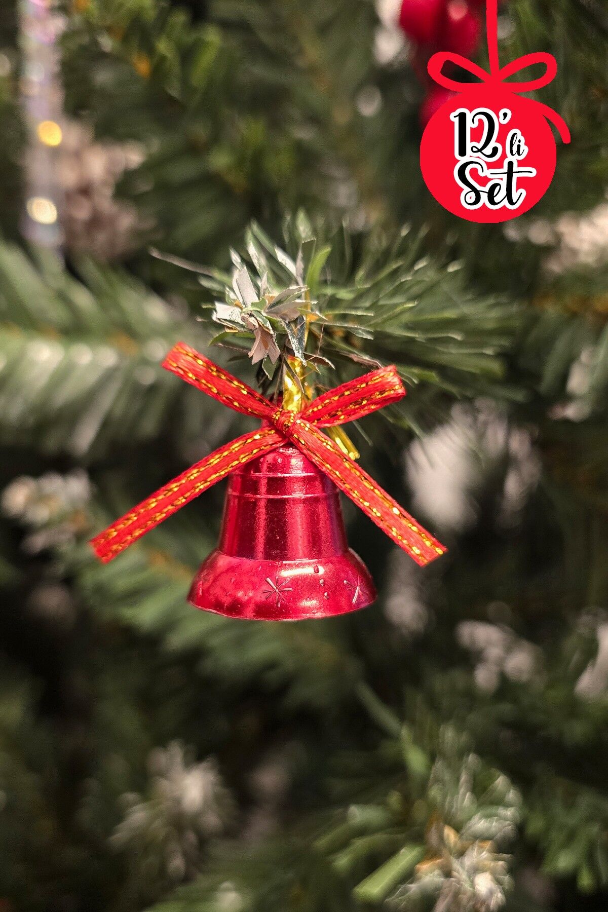 Kırmızı Yılbaşı Çanları Ağaç Süsleri Seti 12li Çan Yılbaşı Ağaç Süsü
