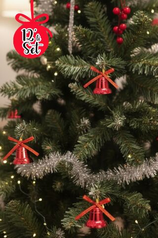 Kırmızı Yılbaşı Çanları Ağaç Süsleri Seti 12li Çan Yılbaşı Ağaç Süsü