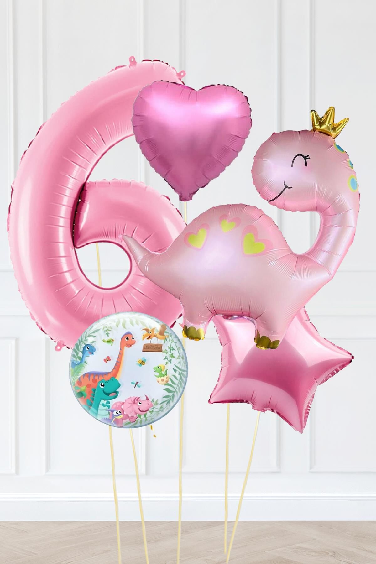 Pembe Dinazor Balonlu Kız Doğum Günü Balon Süsleme Seti Bannerlı Büyük Pembe Yaş Balonlu Dinozor Balon Paketi 6