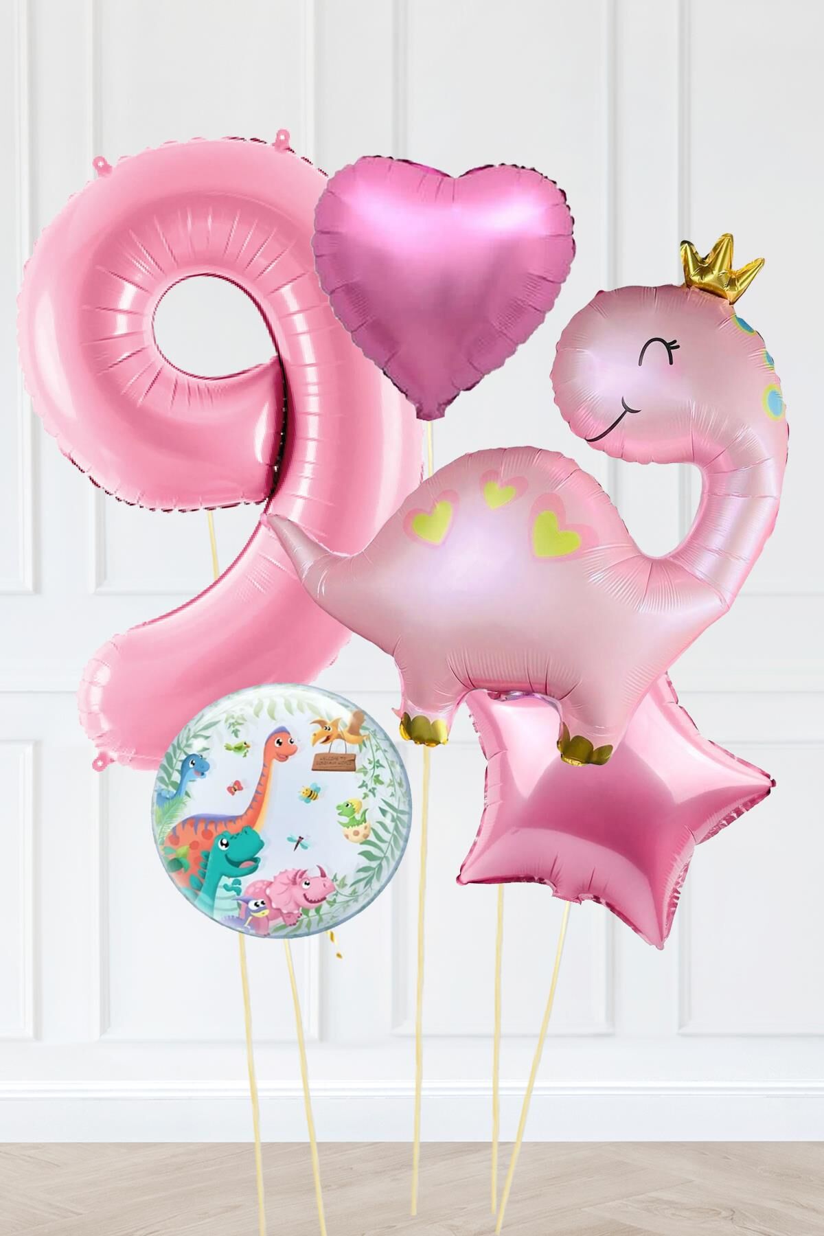 Pembe Dinazor Balonlu Kız Doğum Günü Balon Süsleme Seti Bannerlı Büyük Pembe Yaş Balonlu Dinozor Balon Paketi 9