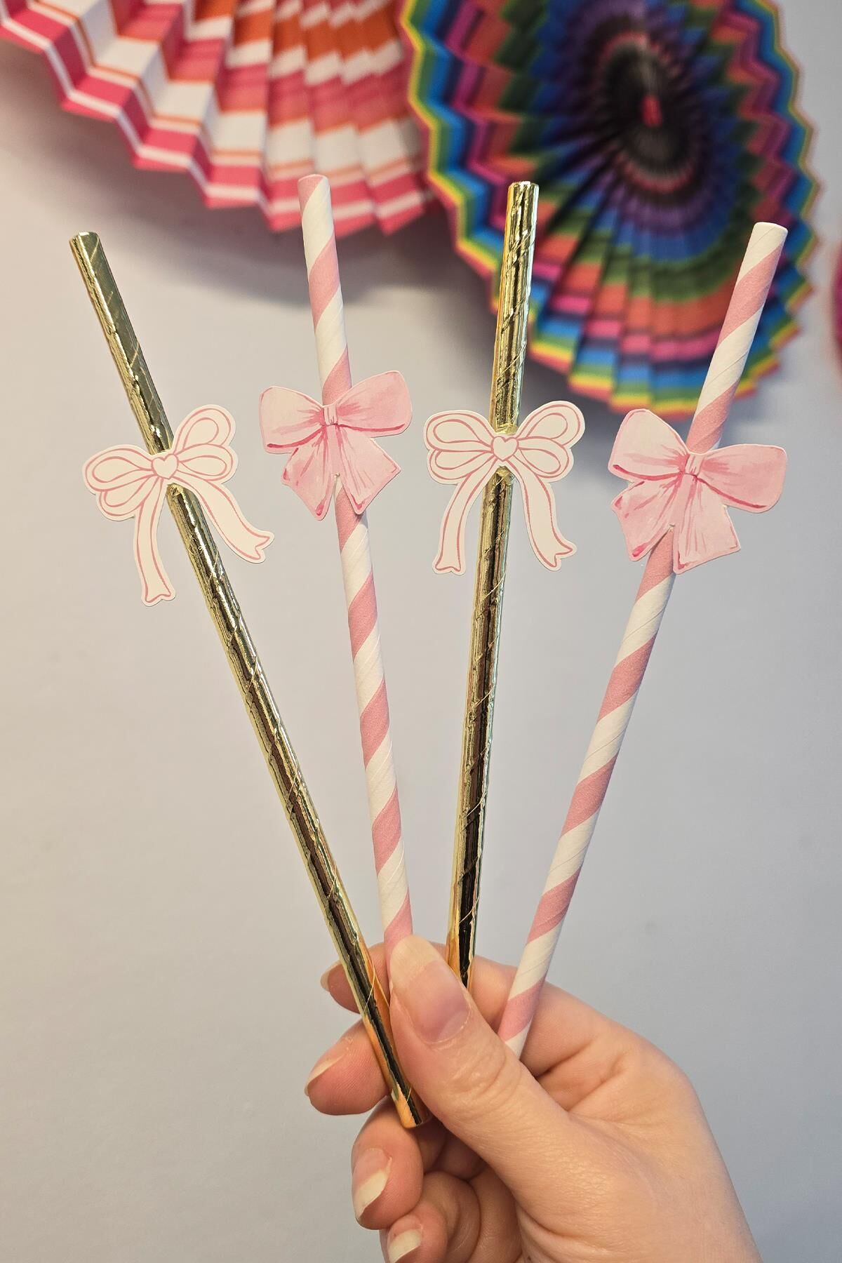 Pembe Fiyonk Pipet Süsleri 10lu Fiyonk Konsept Lüks Pipet Paketi