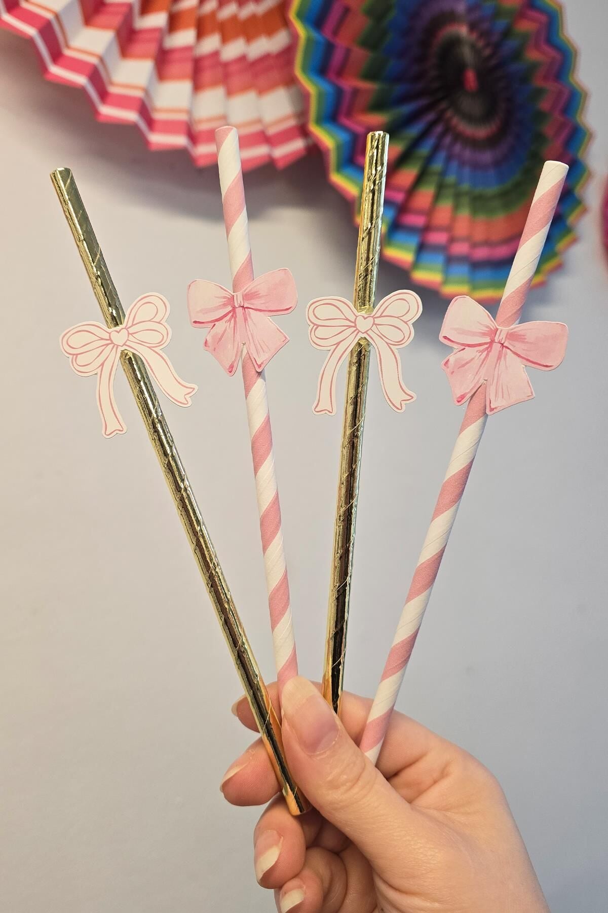 Pembe Fiyonk Pipet Süsleri 10lu Fiyonk Konsept Lüks Pipet Paketi