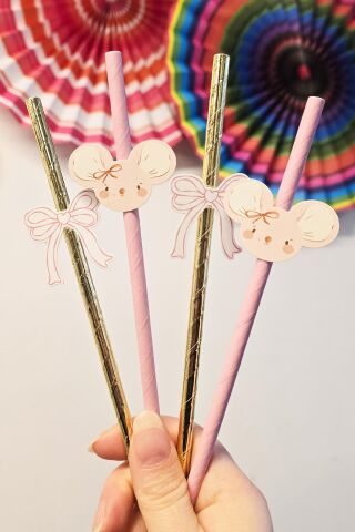 Pembe Fare Pipet Süsleri 10lu Fare Konsept Lüks Pipet Paketi