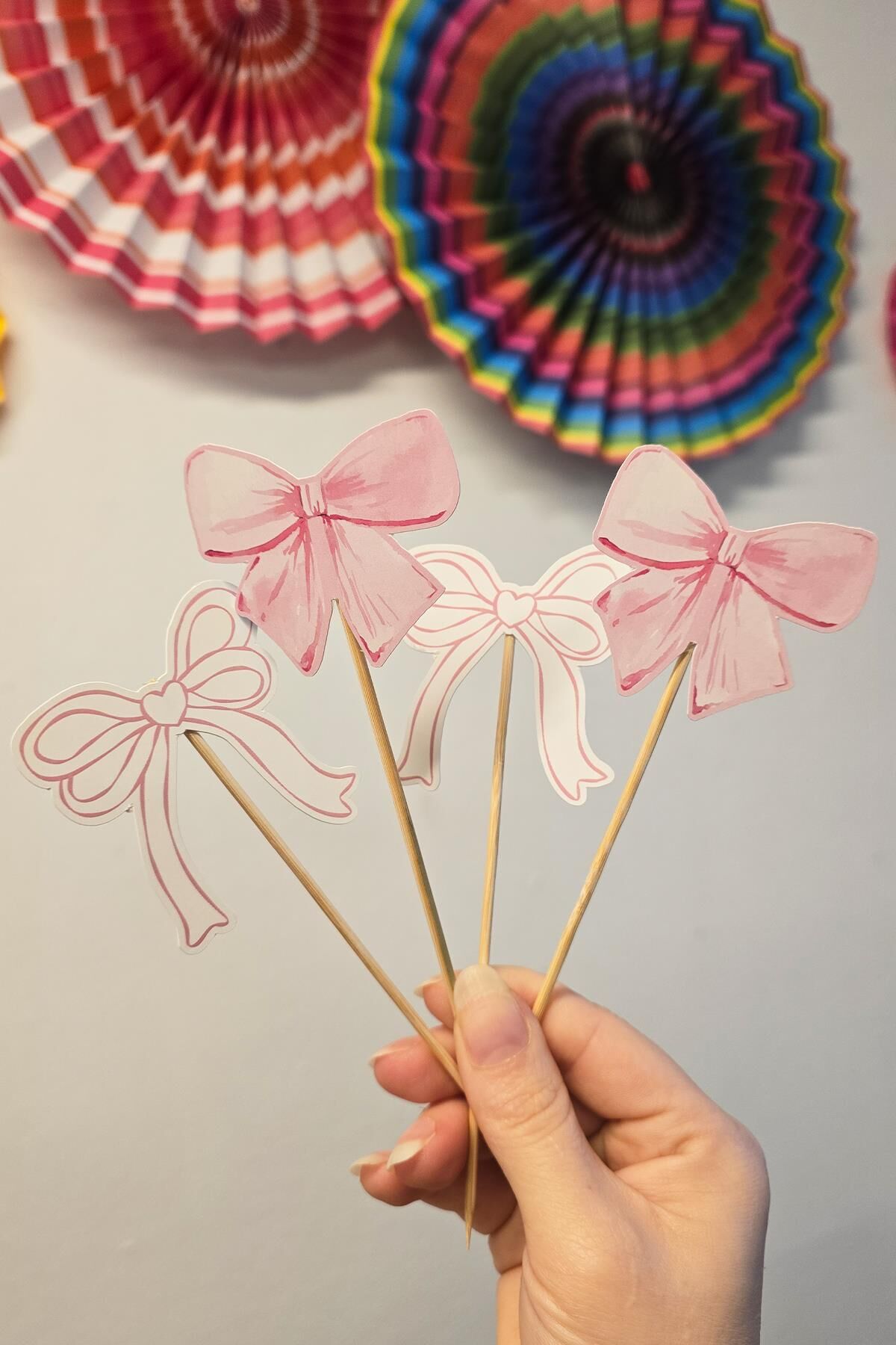 Pembe Fiyonk Tema Kürdan Süsleri Cupcake Süsleri Lüks Büyük Boy 10lu Paket