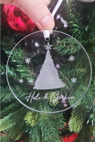 İsme Özel Şeffaf Pleksi Yılbaşı Ağaç Süsü Çift İsimli Çam Ağaç Süsü