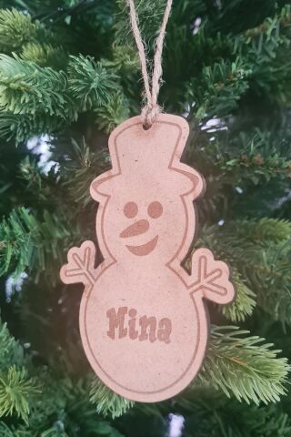 Ahşap İsme Özel Kardan Adam Şekilli Ağaç Süsü İsimli Yılbaşı Çam Ağacı Süsü